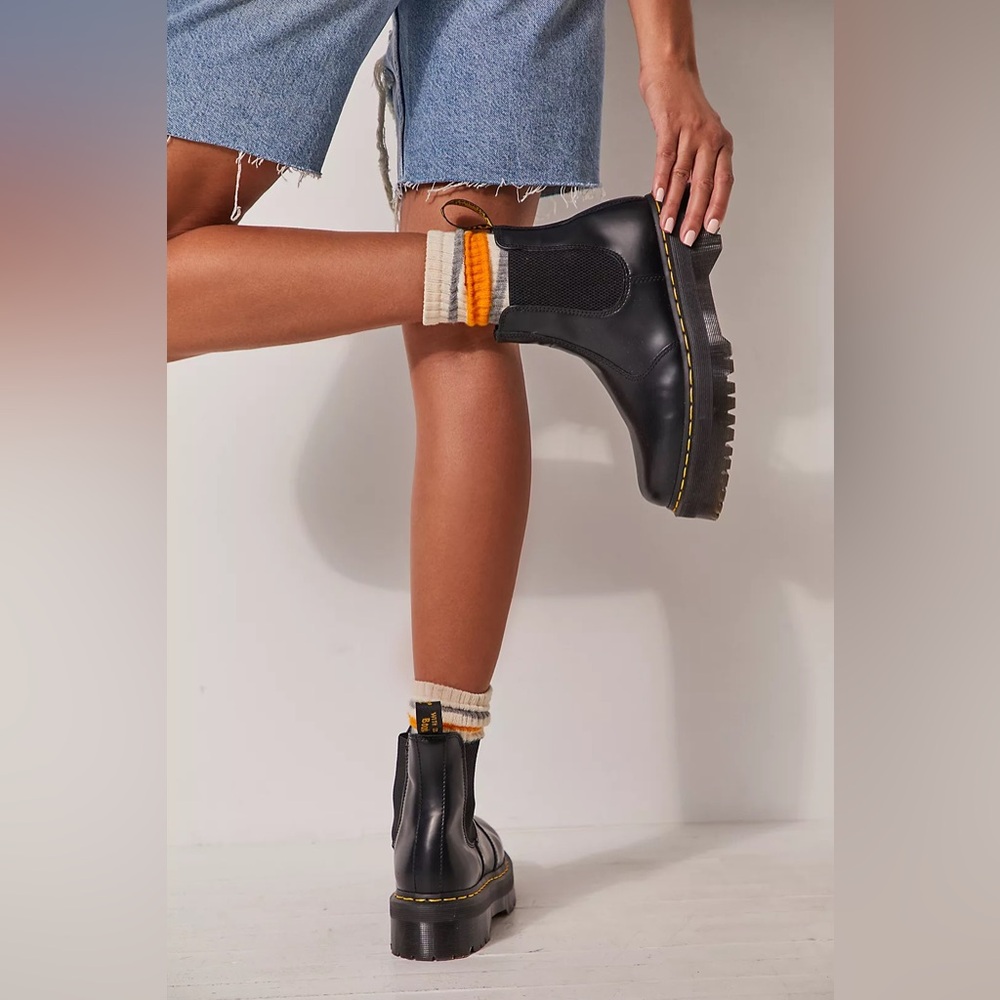 Dr. Martens Black Leather Platform Chelsea Boots with Yellow Stitching - Picture 3 of 10